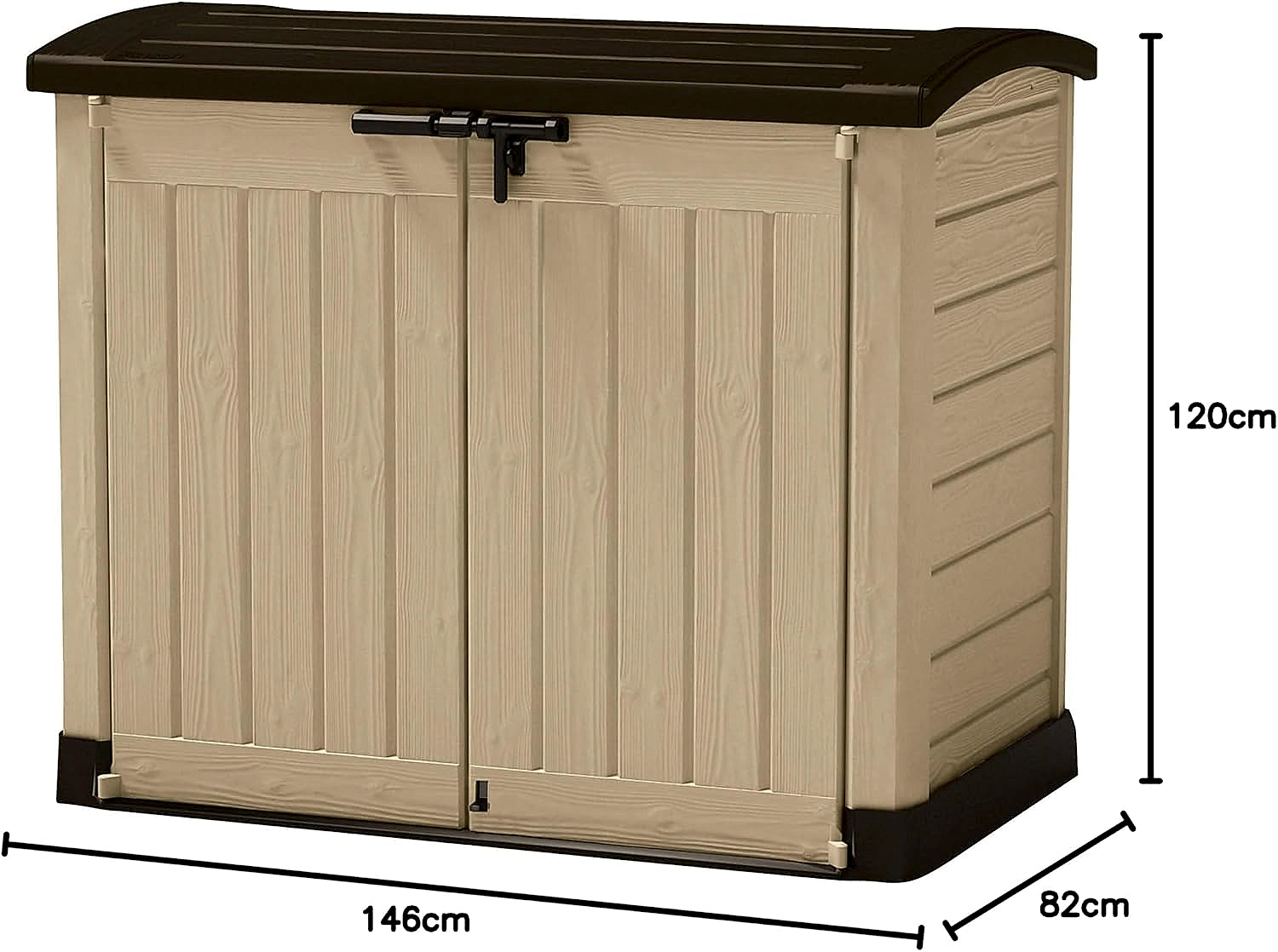 Open Keter Store It Arc 1200L outdoor garden storage shed showing interior capacity