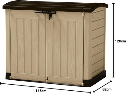 Open Keter Store It Arc 1200L outdoor garden storage shed showing interior capacity