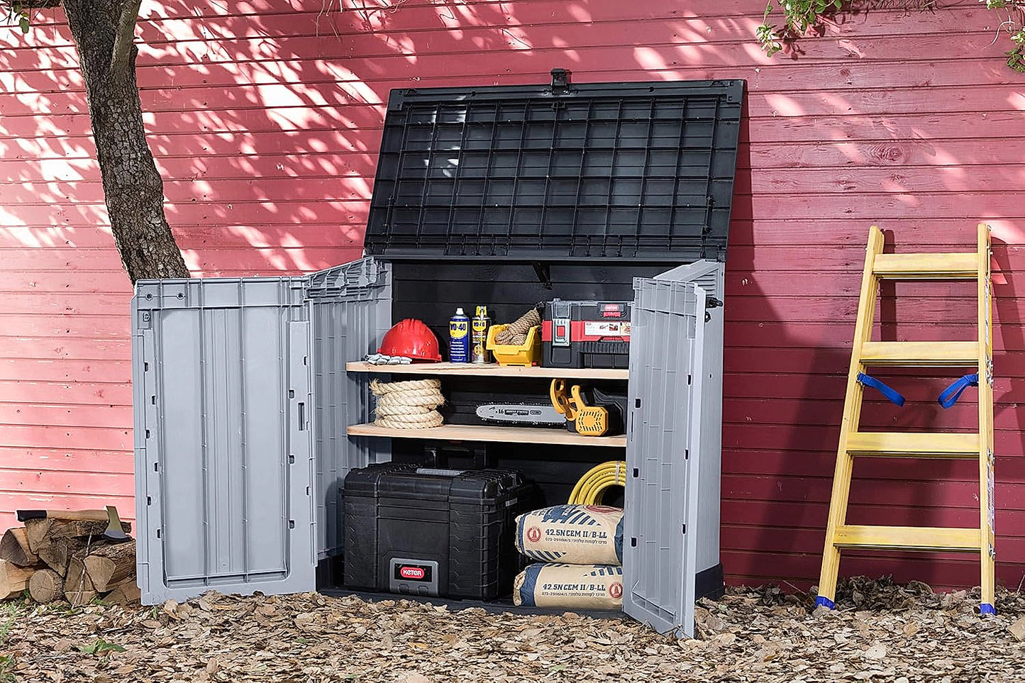 Front exterior view of the Keter Store It Out Nova storage shed