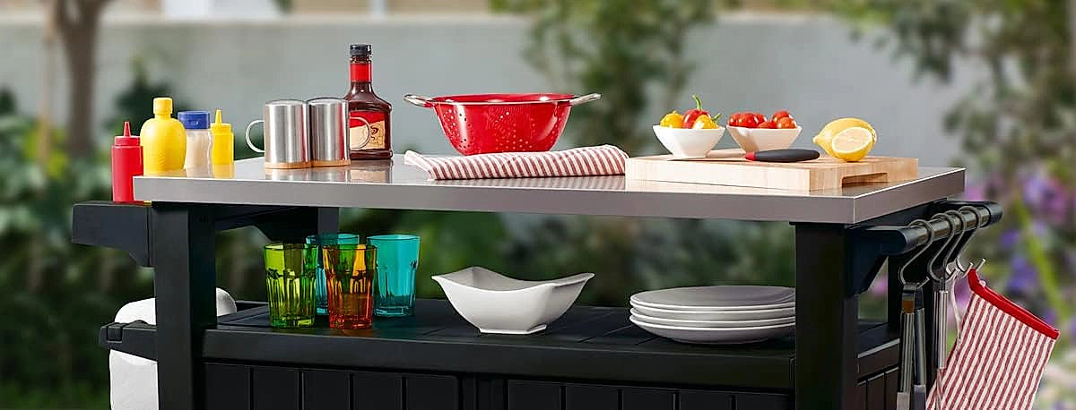 Keter Unity XL outdoor BBQ side table with storage cabinet