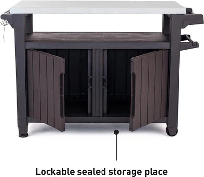 Keter Unity XL outdoor BBQ side table with storage cabinet
