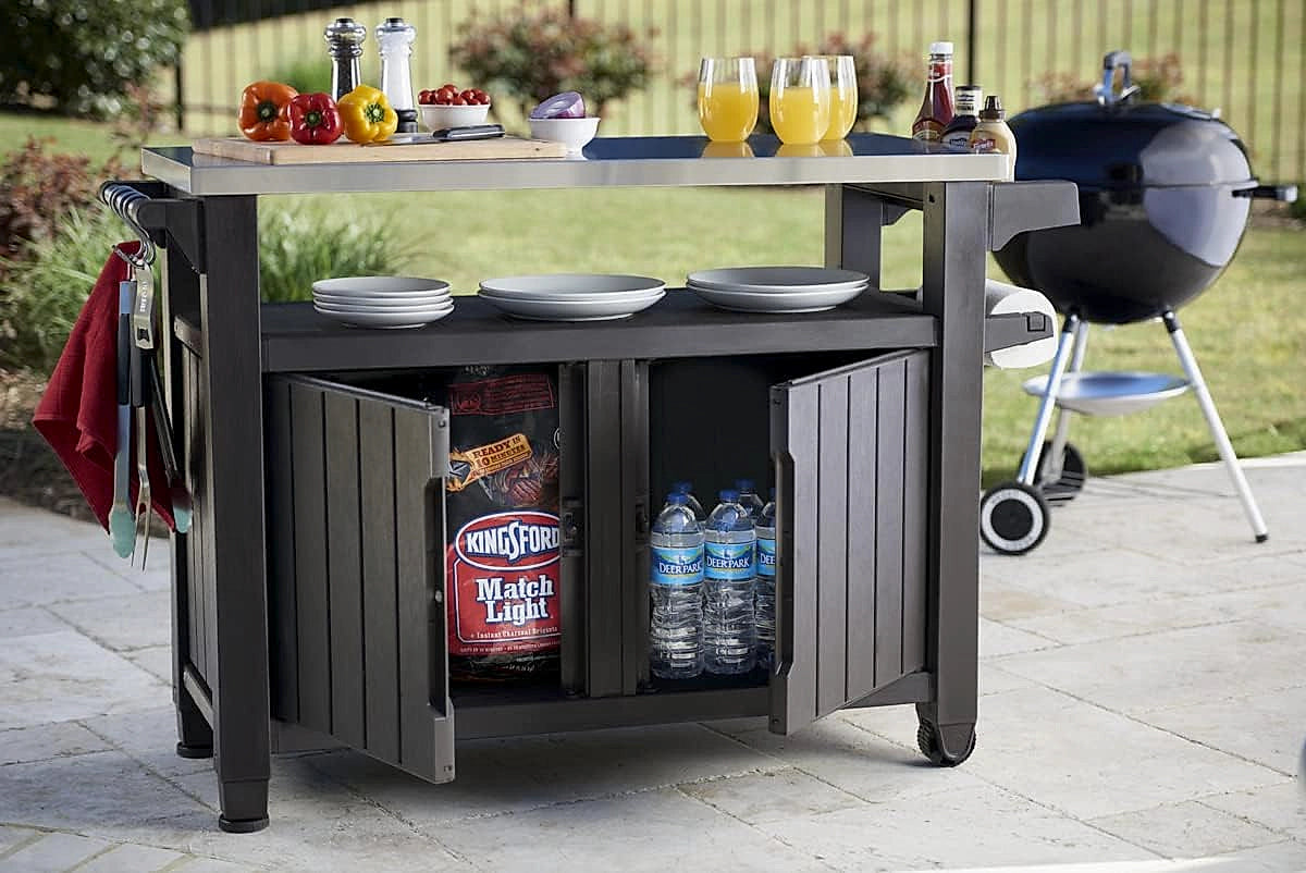 Keter Unity XL outdoor BBQ side table with storage cabinet