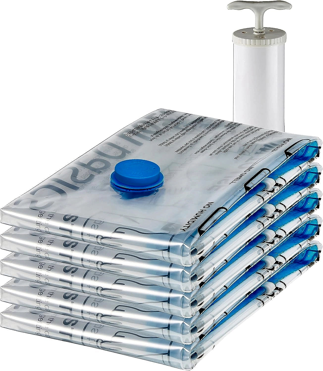 Large vacuum storage bags with hand pump and folded clothes