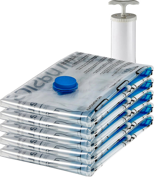 Large vacuum storage bags with hand pump and folded clothes