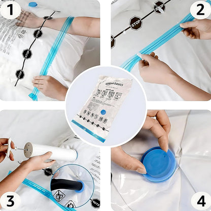 Large vacuum storage bags with hand pump and folded clothes