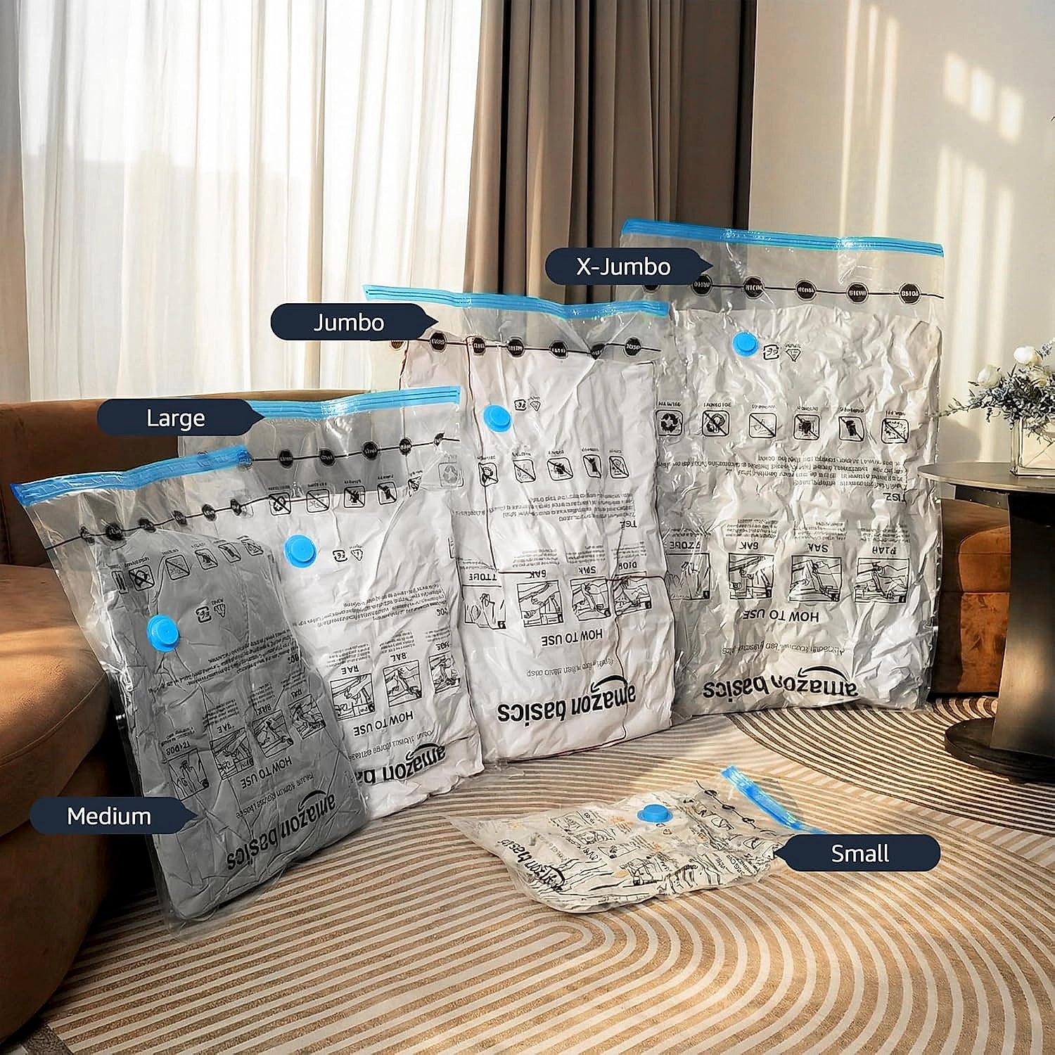 Large vacuum storage bags with hand pump and folded clothes