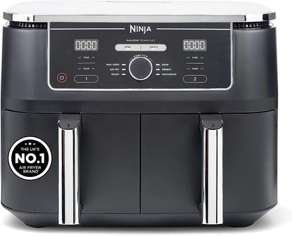 Front view of the Ninja Foodi MAX AF400UK air fryer showing dual cooking zones