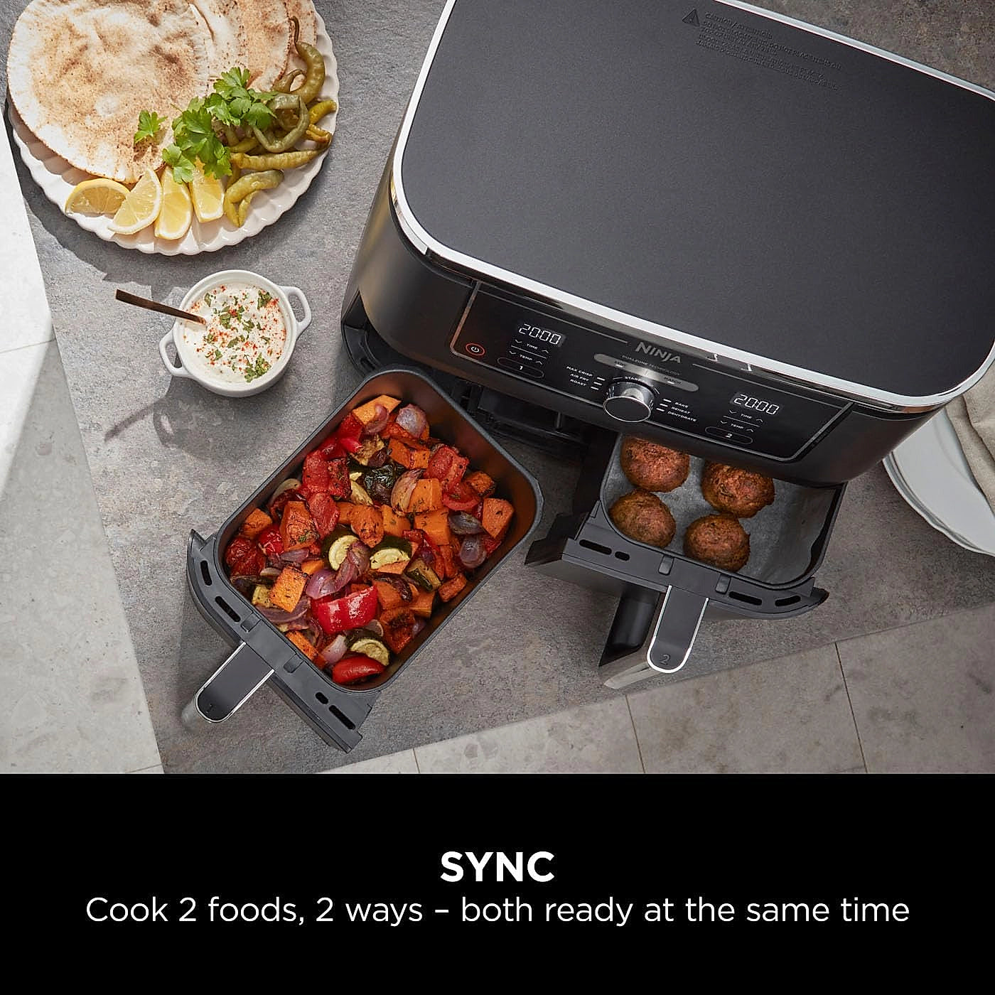 Front view of the Ninja Foodi MAX AF400UK air fryer showing dual cooking zones