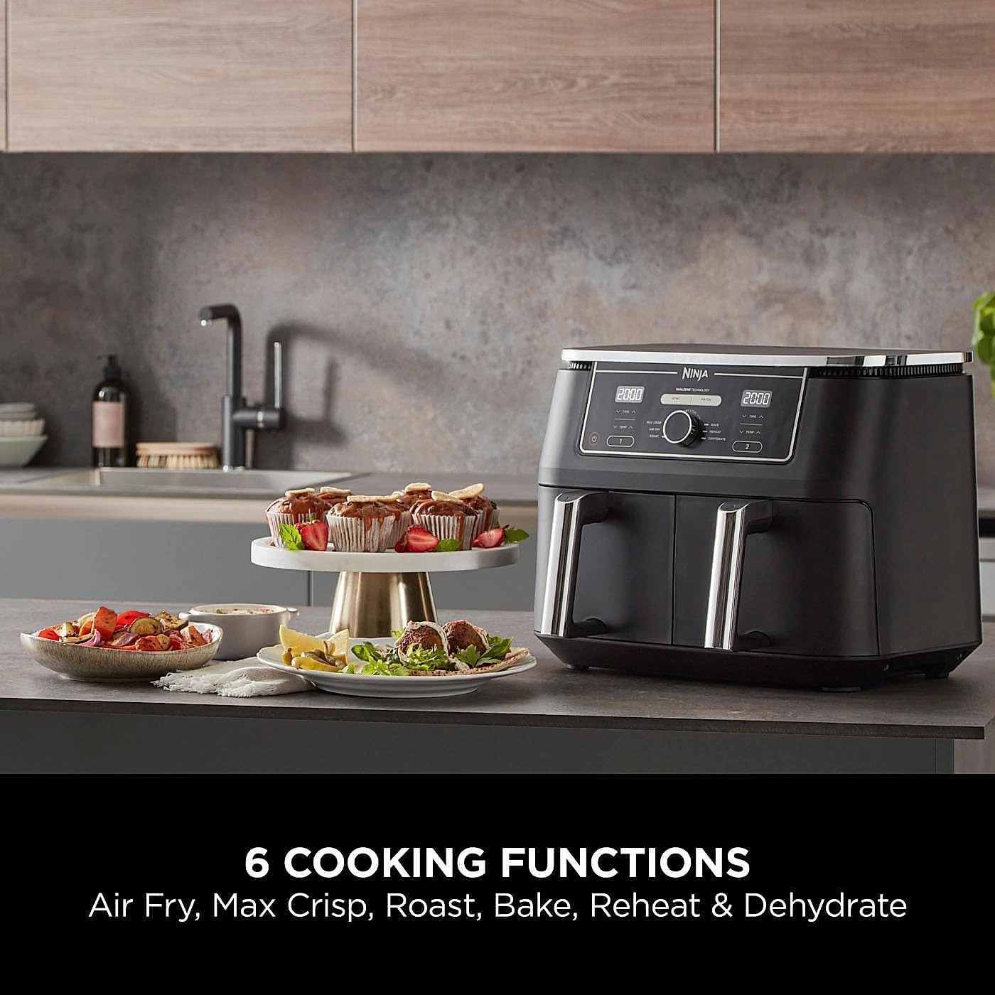 Front view of the Ninja Foodi MAX AF400UK air fryer showing dual cooking zones