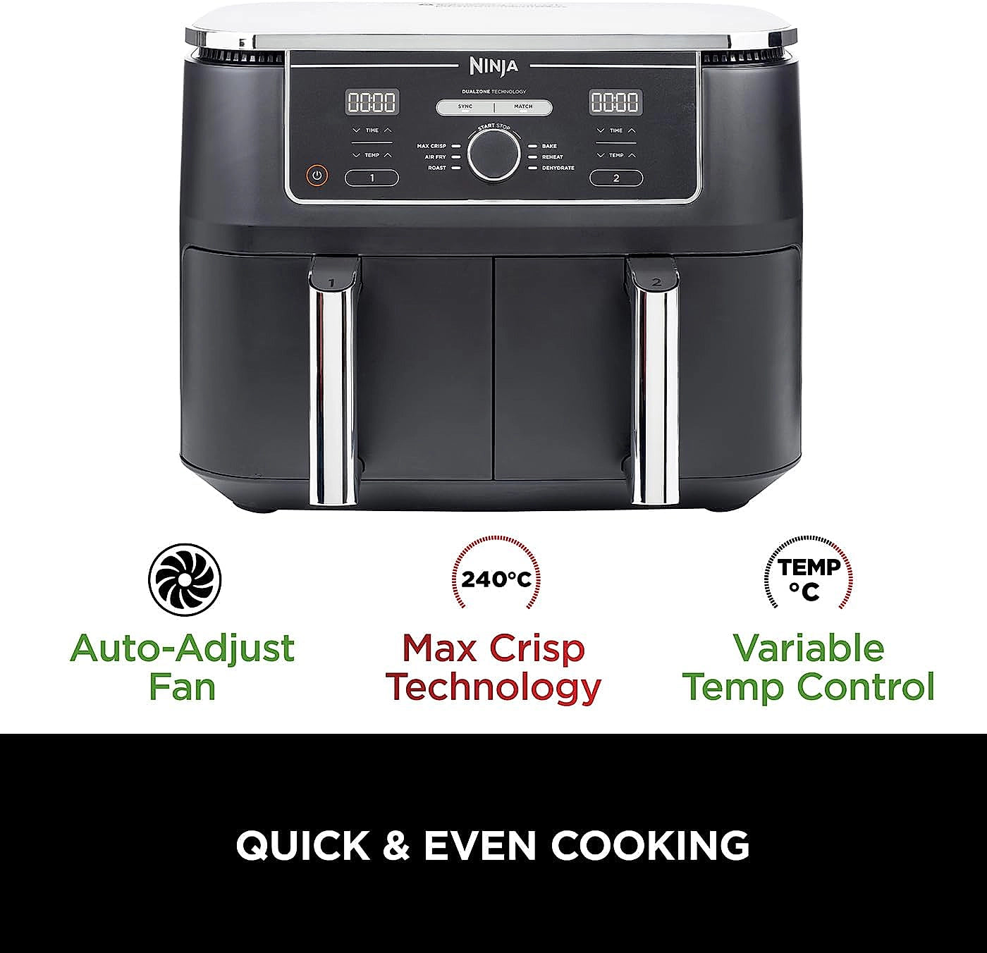 Front view of the Ninja Foodi MAX AF400UK air fryer showing dual cooking zones