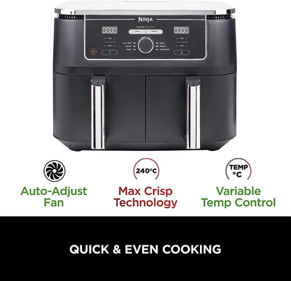 Front view of the Ninja Foodi MAX AF400UK air fryer showing dual cooking zones