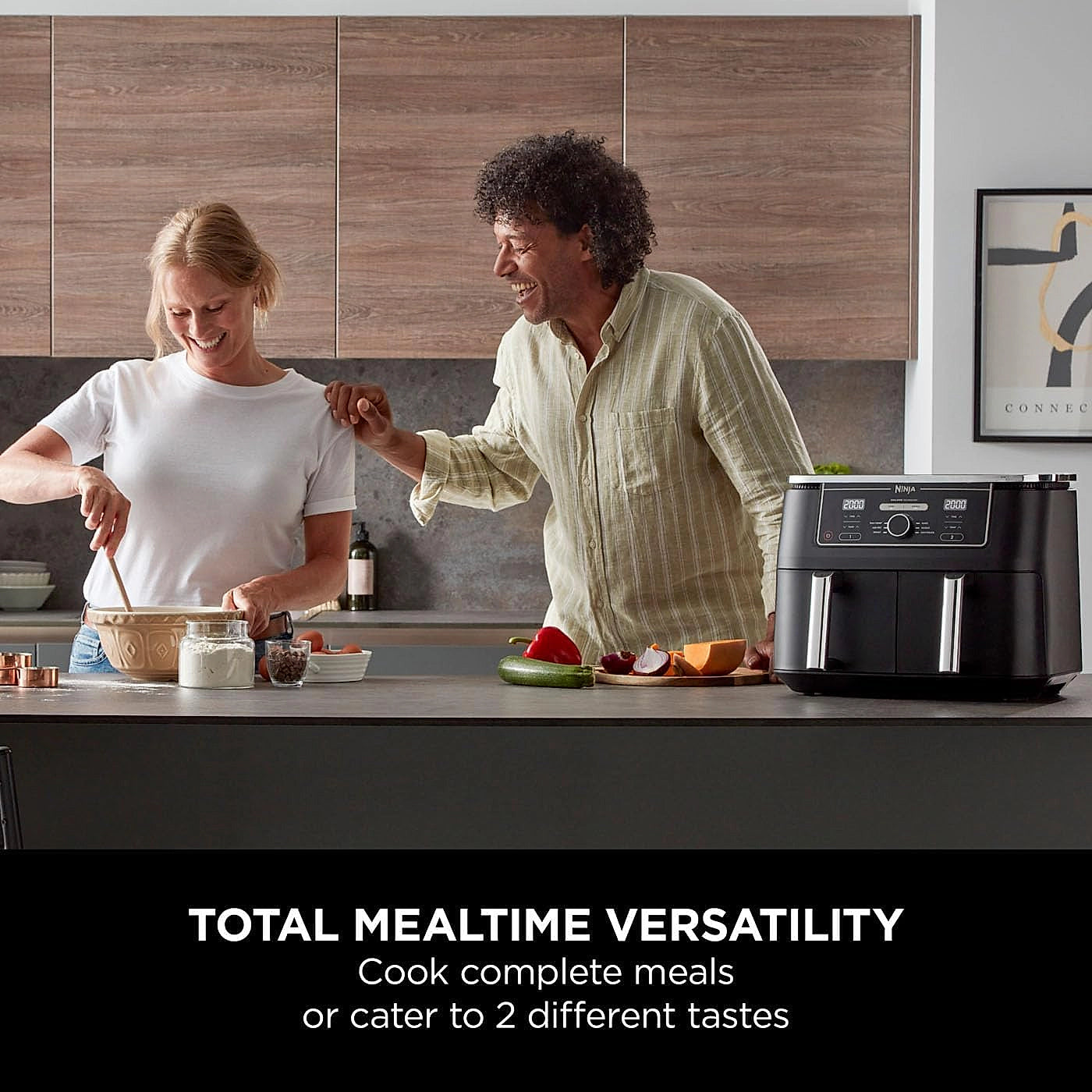 Front view of the Ninja Foodi MAX AF400UK air fryer showing dual cooking zones