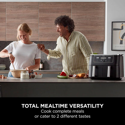 Front view of the Ninja Foodi MAX AF400UK air fryer showing dual cooking zones