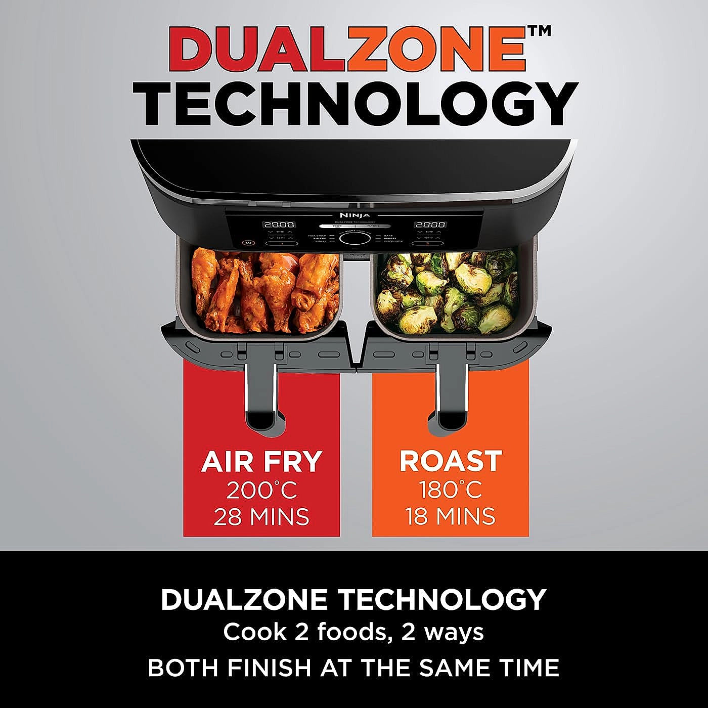 Front view of the Ninja Foodi MAX AF400UK air fryer showing dual cooking zones