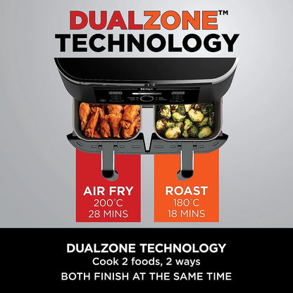 Front view of the Ninja Foodi MAX AF400UK air fryer showing dual cooking zones