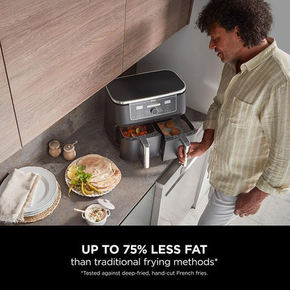 Front view of the Ninja Foodi MAX AF400UK air fryer showing dual cooking zones