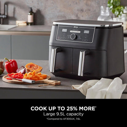 Front view of the Ninja Foodi MAX AF400UK air fryer showing dual cooking zones