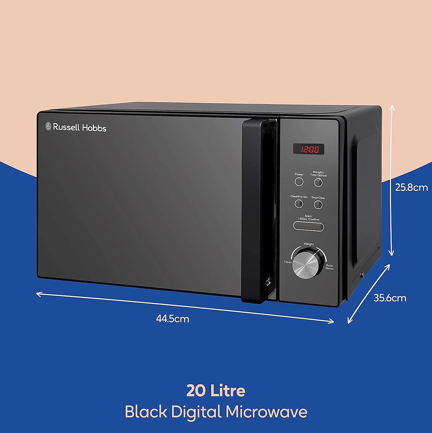 Front view of the Russell Hobbs 20L 800W digital microwave